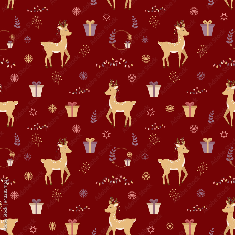Seamless pattern. Deer with bulbs on the horns and gifts on a red background. Christmas pattern Seamless pattern. Deer with bulbs on the horns and gifts on a red background. Christmas pattern