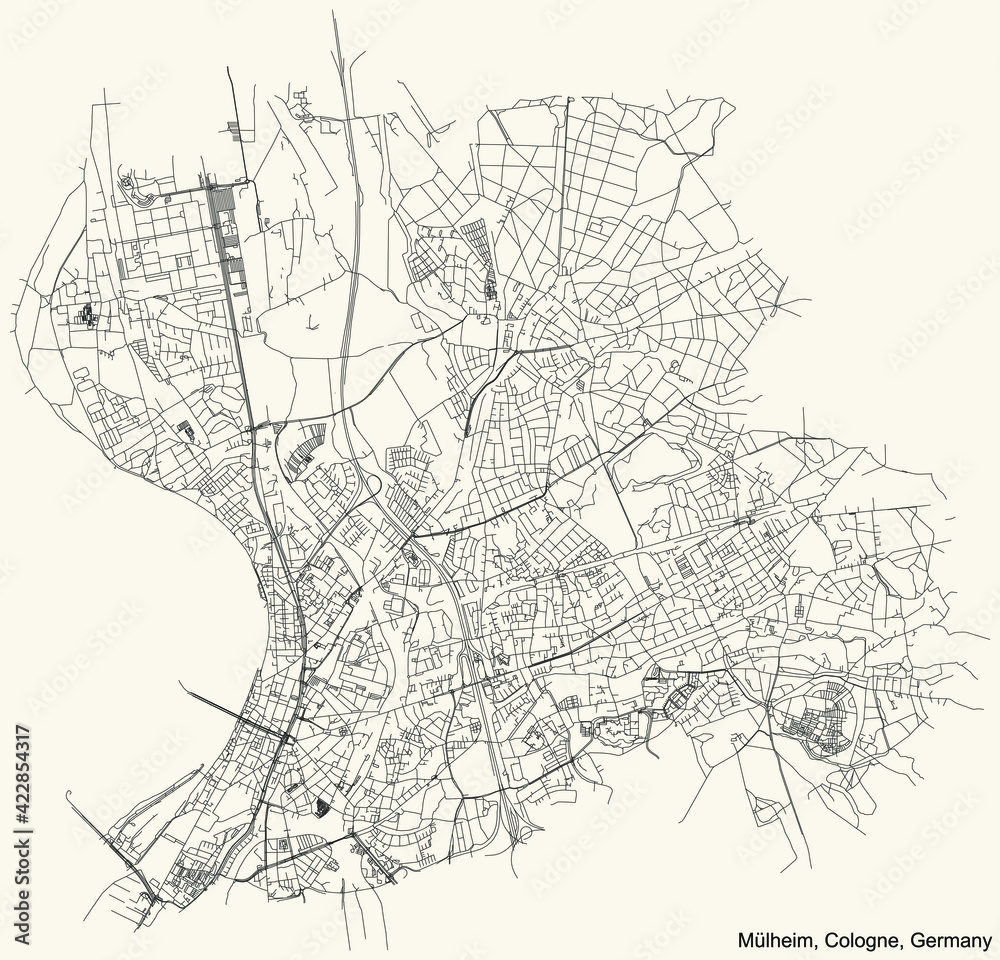Black simple detailed street roads map on vintage beige background of the quarter Mülheim district of Cologne, Germany