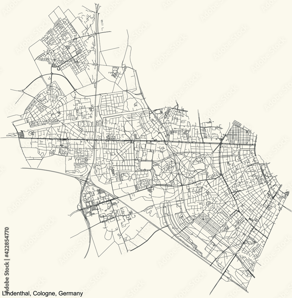 Black simple detailed street roads map on vintage beige background of the quarter Lindenthal district of Cologne, Germany