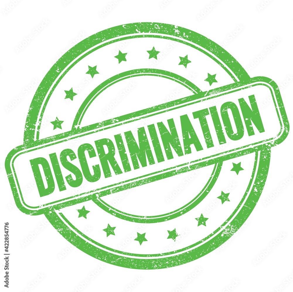 DISCRIMINATION text on green grungy round rubber stamp.