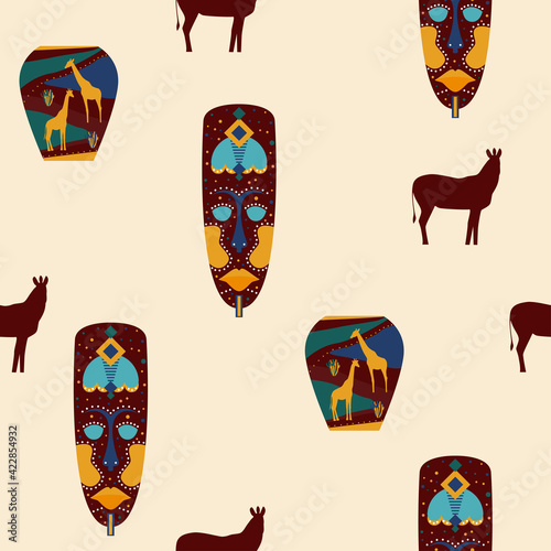 Ethnic african seamless pattern background. African traditionat tribal symbols seamless pattern for textile, souvenir shop wrapping paper, t shirt print, tourism agency flyer advertising etc.