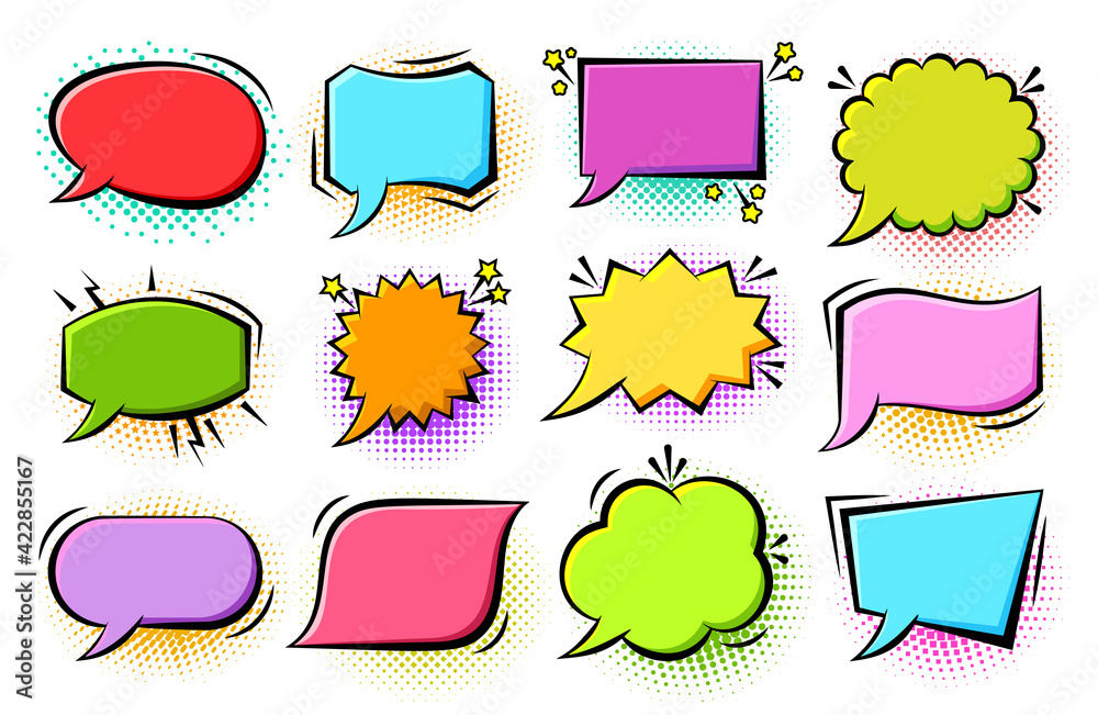 Retro sketch speech bubble icon set. Cartoon pop art bubbles on color halftone background. Boom, burst, wow effect empty frame. Vector design fun comic page dialog text message balloon template shapes