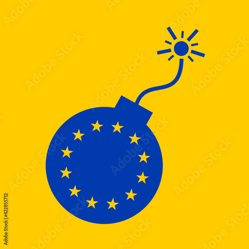European union and EU as time bomb and explosive device  during countdown - metaphor of fall, collapse, problem, trouble and danger. Vector illustration.