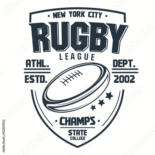 Rugby t-shirt print, sport club emblem, college league sportswear design. Vector