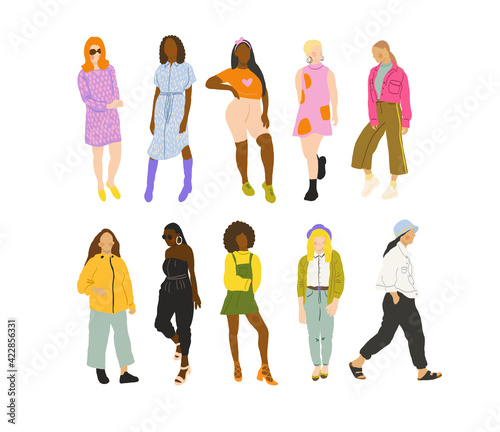 Architecture people. Set of diverse women characters vector illustration. female fashion. young trendy clothes girls.	