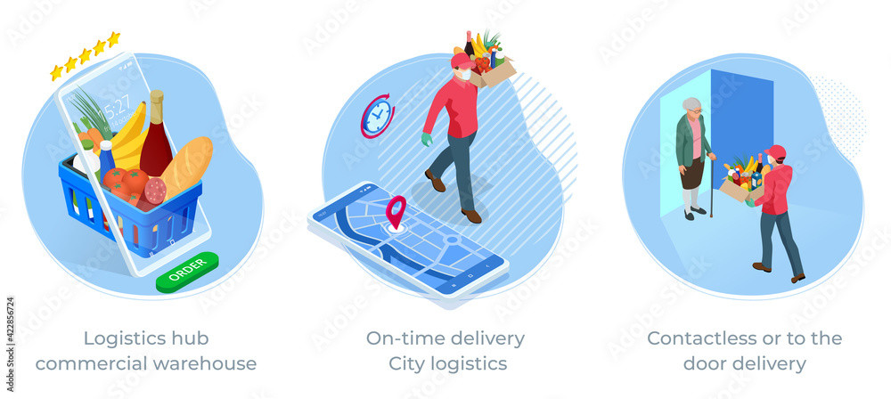 Online purchases during a quarantine. Contactless or to the door delivery. Isometric delivery man or courier in a medical mask and gloves delivering food to customer at home