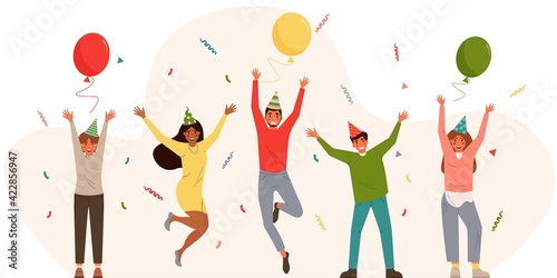 Groups of young happy people celebrating a party. Smiling men and women with hands raised up. Isolated flat vector illustration with confetti on abstract background