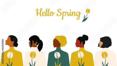 Hello Spring greeting card. Postcard template in trending colors 2021 with women of different nationalities and religions. Modern vector graphics.