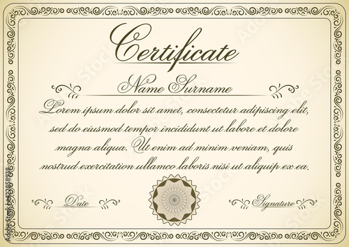 A4 size certificate of appreciation vector illustration with retro frame and stamp. Retro diploma of achievement template design for print.