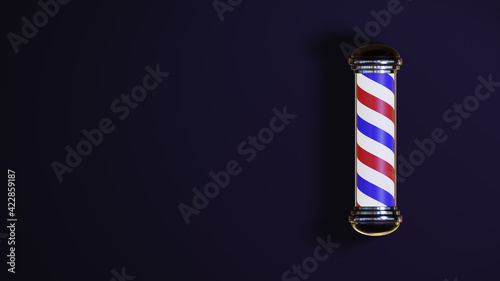 Rotating barbershop pole with shiny caps glowing isolated on a dark background; 3d rendering 4k footage. Barbershop business advertising with copy space blocks. Isolated spiral pole. 