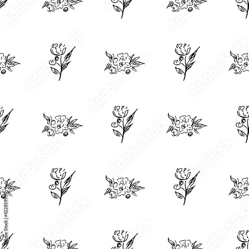 Doodle simple vector seamless pattern of hand-drawn peonies. Seamless pattern of hand-drawn peonies. Isolated on white background.