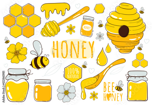 Honey and beekeeping collection. Set of bee, honey jars, hive, flowers, honeycomb and honey spoons isolated on white background. Hand drawn cartoon style vector illustration.
