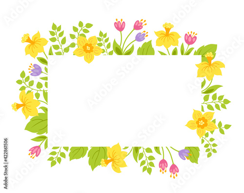 Fototapeta Naklejka Na Ścianę i Meble -  Flowers frame with narcissus, tulips and green leaves. Spring floral border with place for text. Vector illustration.