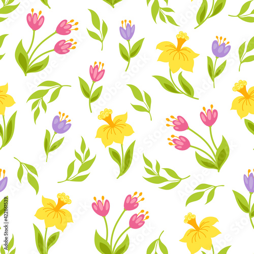 Wallpaper Mural Flowers seamless pattern with narcissus, tulips and green leaves. Vector illustration. Torontodigital.ca