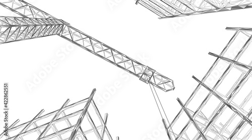 Tower crane in the process of building construction. The frame of unfinished skyscrapers. Polygonal construction. Blue background.