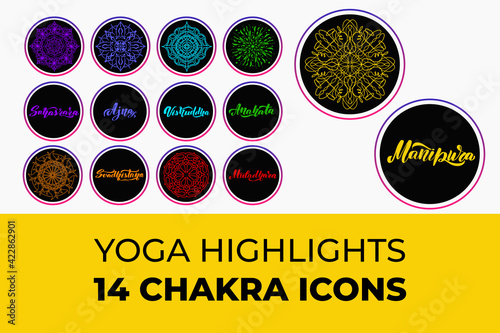 Yoga highlight covers 14 chakra icons set. Vector illustration