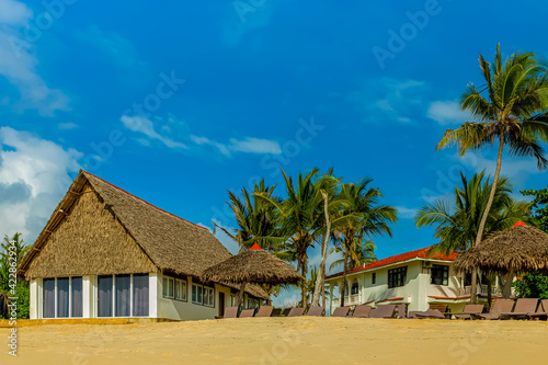 View of the house with thatched roof located among the palm trees on Matemwe Beach, Zanzibar, Tanzania, Africa.Beautiful beach with white coral sand. © Elena