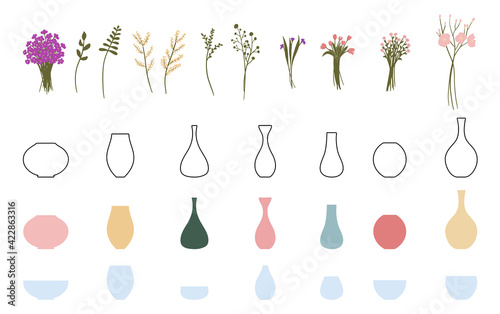 A set of elements for creating bouquets of flowers in a vase. Constructor. Create your own bouquet. Vector illustration. Isolated elements on a white background. Registration for florists