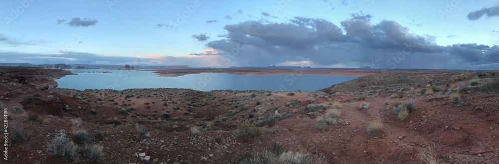 A panoramic view of Lake Mead in Arizona National Recreation Area at sunset, copy space