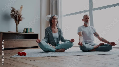 Modern senior couple in sports clothing exercising and smiling while spending time at home
