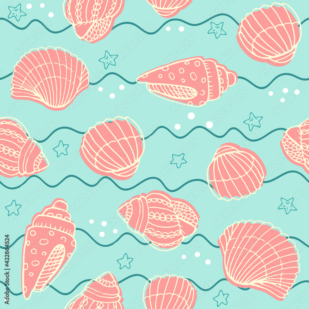 Vector seamless pattern with hand drawn scallop seashells, sea elements and stars. Beautiful marine design, perfect for prints and patterns, textile, fabric, children background