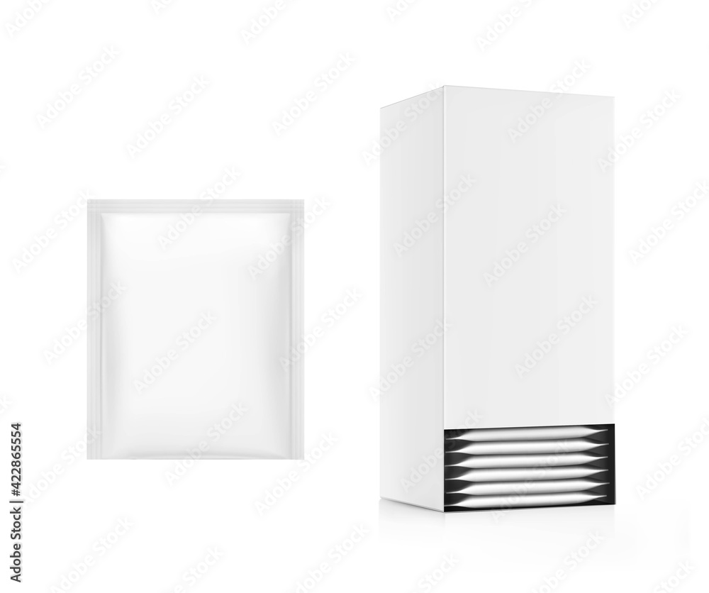 Realistic cardboard box with sachet mockup. Perspective view. Vector illustration isolated on white background. Ready for your design. EPS10. Realistic cardboard box with sachet mockup. Perspective view. Vector illustration isolated on white background. Ready for your design. EPS10.