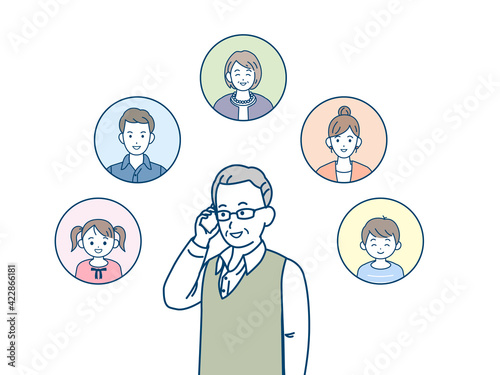 家族に電話する　年配の男性　高齢者　シニア　電話　通話　会話　イラスト素材