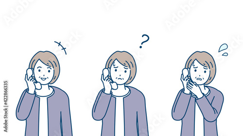 電話する　年配の女性　シニア　高齢者　電話　通話　バリエーション　セット　イラスト素材