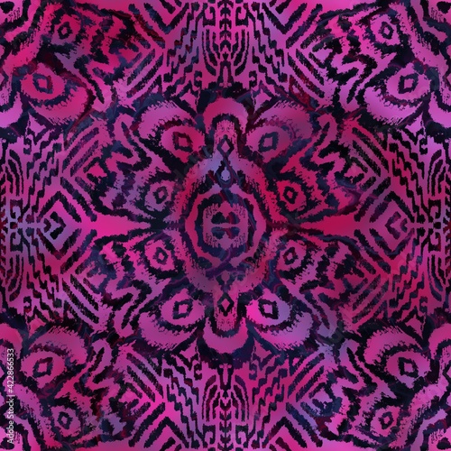Seamless gradient mesh blurry background tribal ethnic rug motif pattern. High quality illustration. Black hand drawn boho gipsy design on bright pink faded backdrop. Holographic iridescent look.