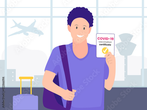 Health passport of vaccination, vaccination certificate, COVID  19 document. Check in airport. Flat design vector illustration