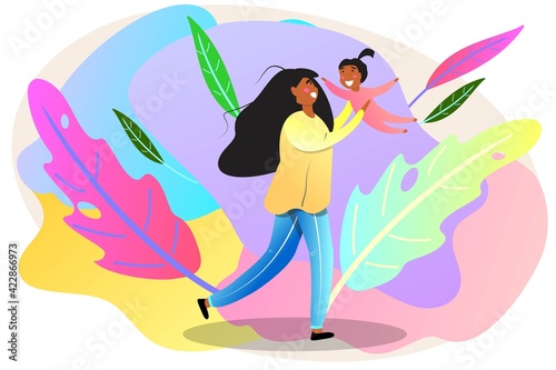 Vector illustration with a black women holding her daughter. Mother's Day illustration. 