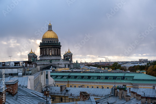the old roof of St. Petersburg in daylight with a view of the cathedral