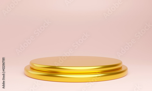Gold metallic product stand and soft pink background for mockup, 3D rendering