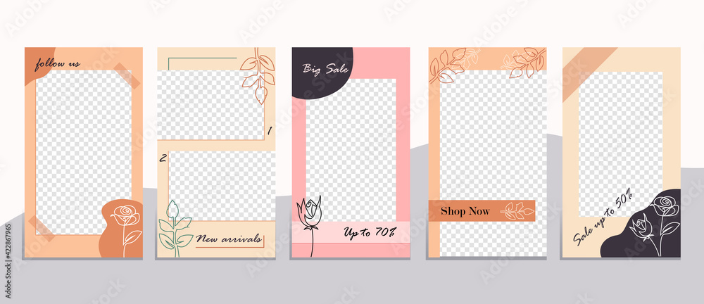 Editable social media frames, Stories template. Layout for business story: new arrival, new collection, sale, shop now, follow us. For fashion shops, brand. Set of 5