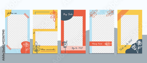 Editable social media frames, Stories template. Layout for business story: new arrival, new collection, sale, shop now, follow us. For fashion shops, brand. Set of 5