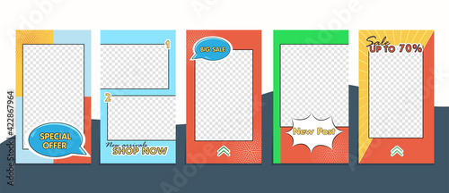 Editable social media frames, Stories template. Layout for business story: new arrival, new collection, sale, shop now, follow us. For fashion shops, brand. Set of 5