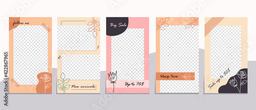 Editable social media frames, Stories template. Layout for business story: new arrival, new collection, sale, shop now, follow us. For fashion shops, brand. Set of 5