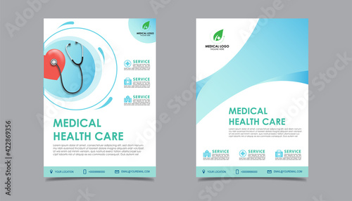 Medical health care flyer brochure template design, flyer template of medical care with white background for text in A4 size, space for picture and blue wavy lines decoration. vector illustration 