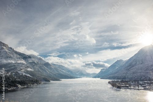 Landscape overlooking Waterton Lake in winter