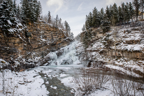 Beautiful Cameron Falls in Waterton, Frozen in Winte
