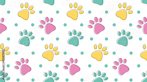 Cute seamless pattern with colorful pets paws on white. Cat or dog footprint outline background with dots. Animal backdrop for pet shops, product packing, greeting card, children textile design