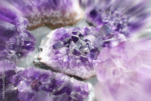 Gorgeous Amethyst Gemstones Close Up With Zoom Burst Effect For Crystal Healing And Meditation 