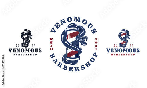 Venomous Barbershop Profesional and Premium Logo Design - Vector Illustration on white background - Creative vintage barber logo combination featuring a snake and barber shop symbol