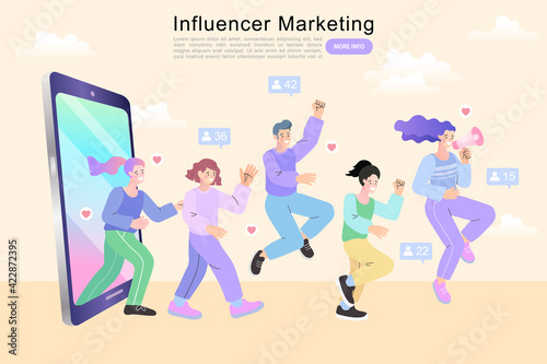 Influencer marketing, social media or network promotion. Blogger woman Character with Megaphone at Huge Smartphone Screen, People Watch Broadcasting, Streaming Video Post.