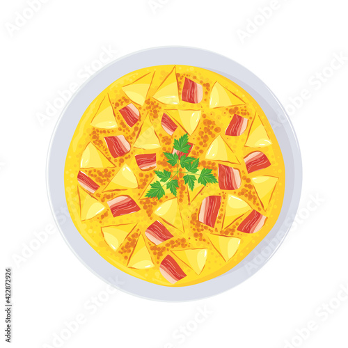 Traditional Spanish dish tortilla with fried potatoes, onions and jamon on a plate, top view. Spanish cuisine, healthy delicious food, appetizer. Vector illustration, cartoon, icon, symbol, sticker