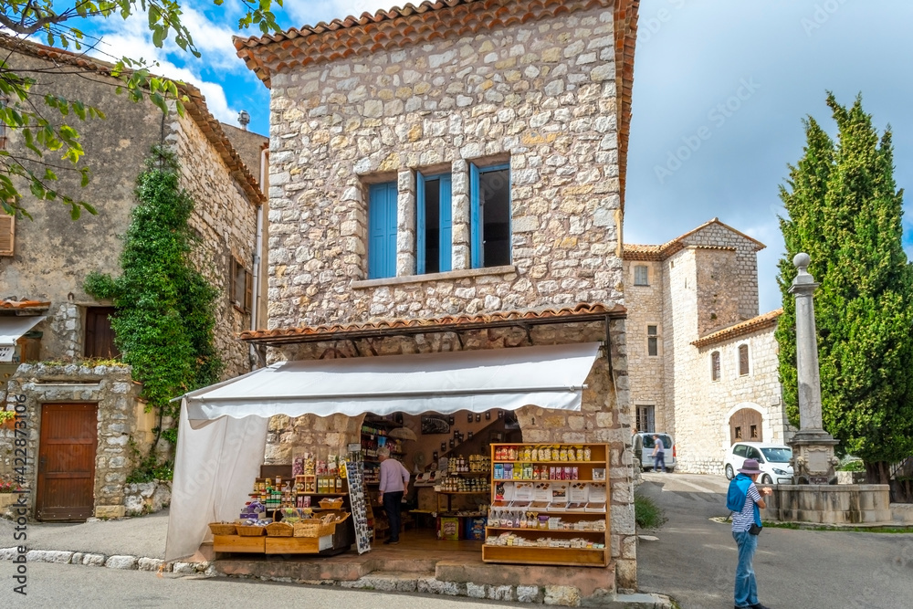 A small souvenir gift shop near the castle of the walled medieval village of Gourdon, France, in the Provence Alpes-Maritimes area.