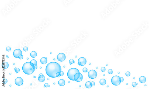 Blue bubbles abstract background with place for text. Bath sud, aquarium or sea water stream, soap or cleanser foam, fizzy effect. Vector realistic illustration.