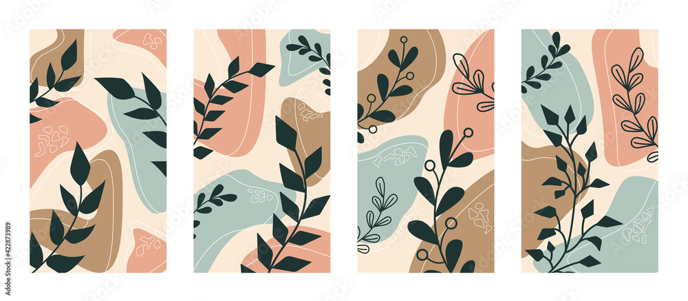 Abstract vector set with plants and branches. Modern boho style, minimalism. For the design of wallpaper, storie, cover, poster.