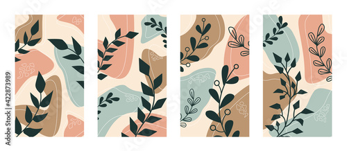 Abstract vector set with plants and branches. Modern boho style, minimalism. For the design of wallpaper, storie, cover, poster.