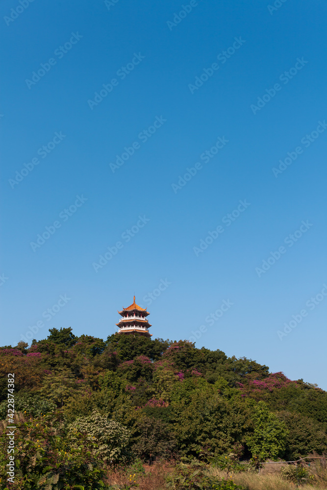 tower on mountain, Chinese Tower Under the blue sky
